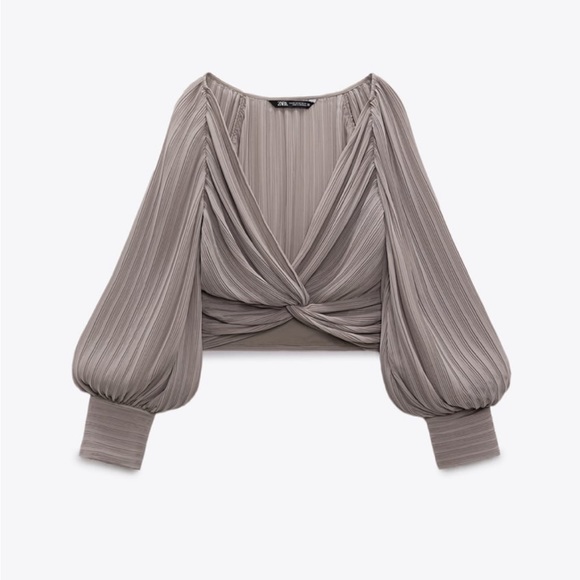 Zara Grey Taupe Pleated Crop Top - Picture 2 of 7